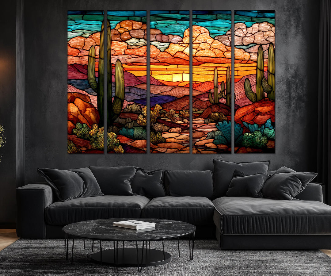 Set of 5 Panel Stained Glass Style Desert Wall Art