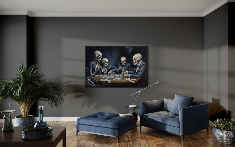 Skeletons Playing Poker Gothic Game Room Framed Canvas Wall Art