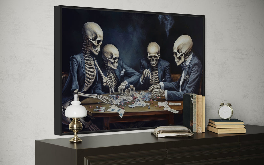 Skeletons Playing Poker Gothic Game Room Framed Canvas Wall Art