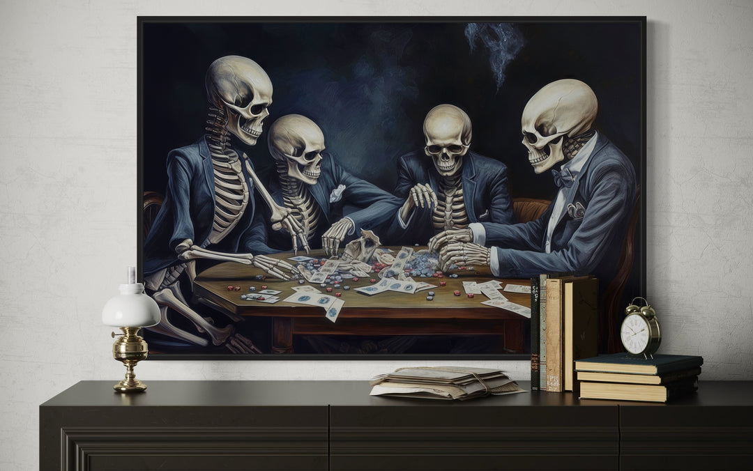 Skeletons Playing Poker Gothic Game Room Framed Canvas Wall Art