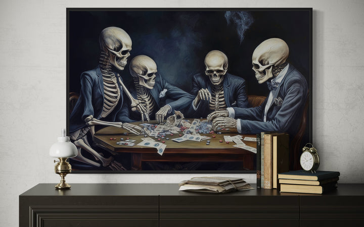 Skeletons Playing Poker Gothic Game Room Framed Canvas Wall Art