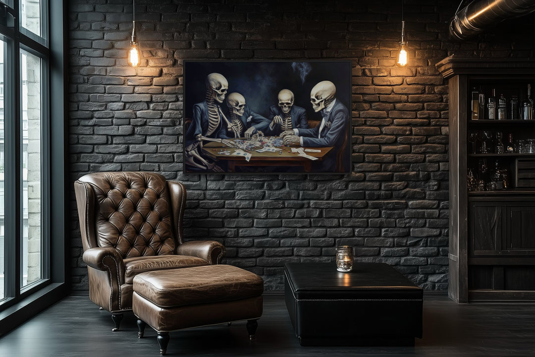 Skeletons Playing Poker Gothic Game Room Framed Canvas Wall Art
