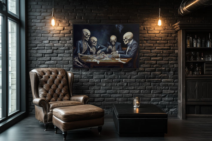 Skeletons Playing Poker Gothic Game Room Framed Canvas Wall Art