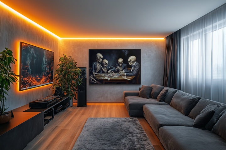 Skeletons Playing Poker Gothic Game Room Framed Canvas Wall Art