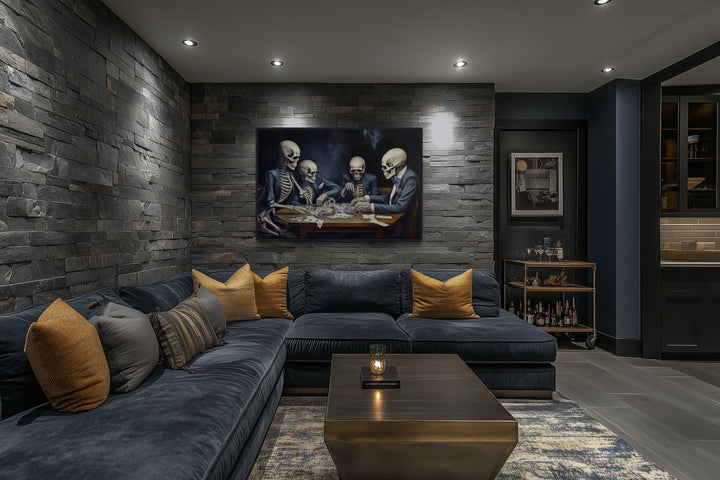 Skeletons Playing Poker Gothic Game Room Framed Canvas Wall Art