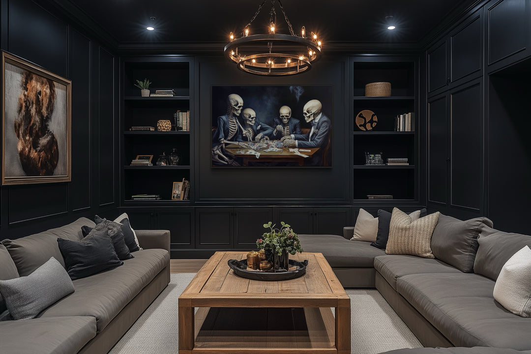 Skeletons Playing Poker Gothic Game Room Framed Canvas Wall Art