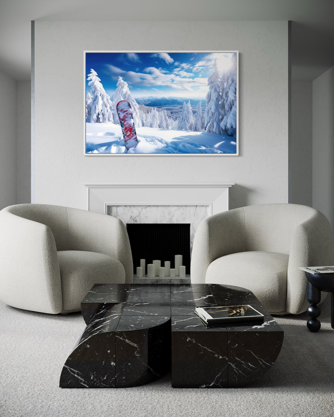 Snowboard In Snowy Mountains Winter Framed Canvas Wall Art