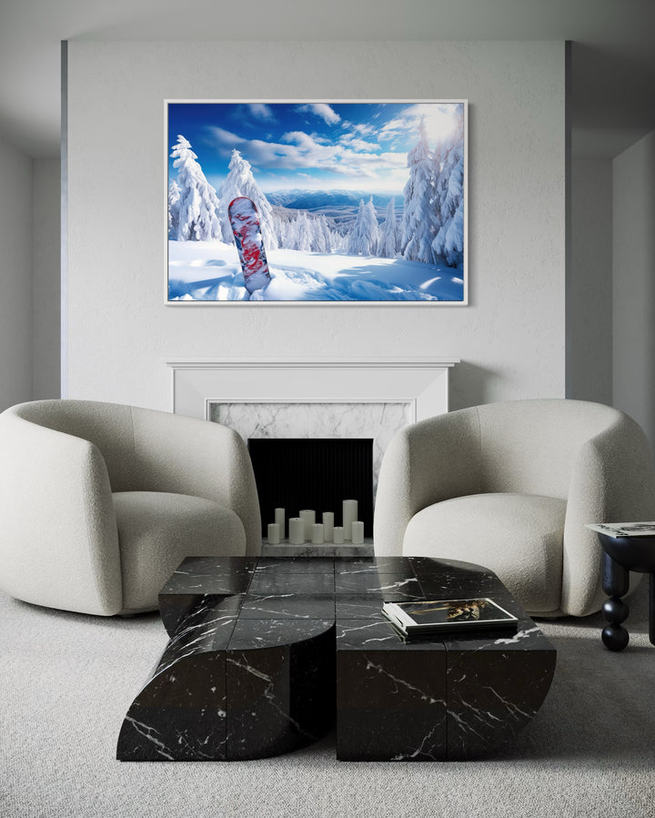 Snowboard In Snowy Mountains Winter Framed Canvas Wall Art