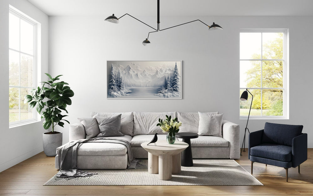 Snowy Mountain Lake With Pine Trees Winter Framed Canvas Wall Art