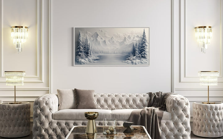 Snowy Mountain Lake With Pine Trees Winter Framed Canvas Wall Art