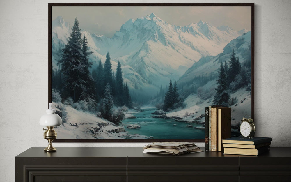 Snowy Mountain River In Winter Canvas Wall Art