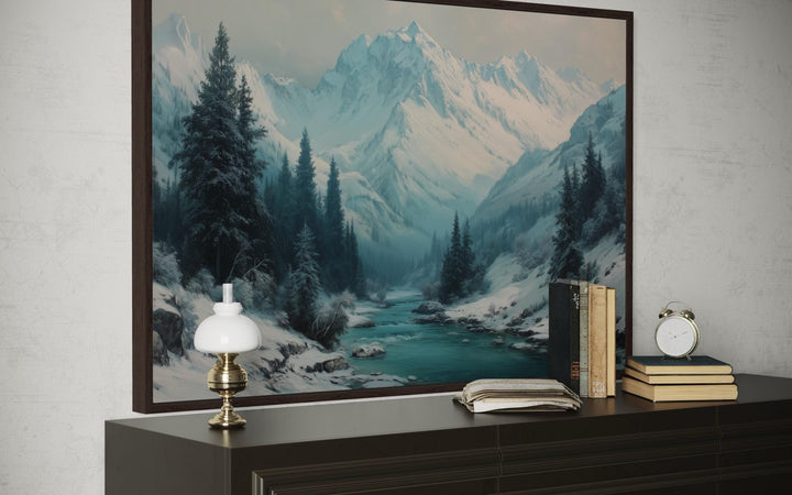 Snowy Mountain River In Winter Canvas Wall Art