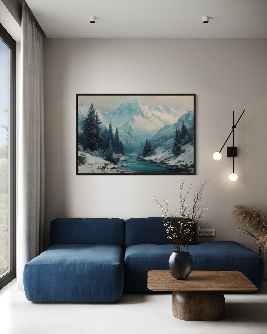 Snowy Mountain River In Winter Canvas Wall Art