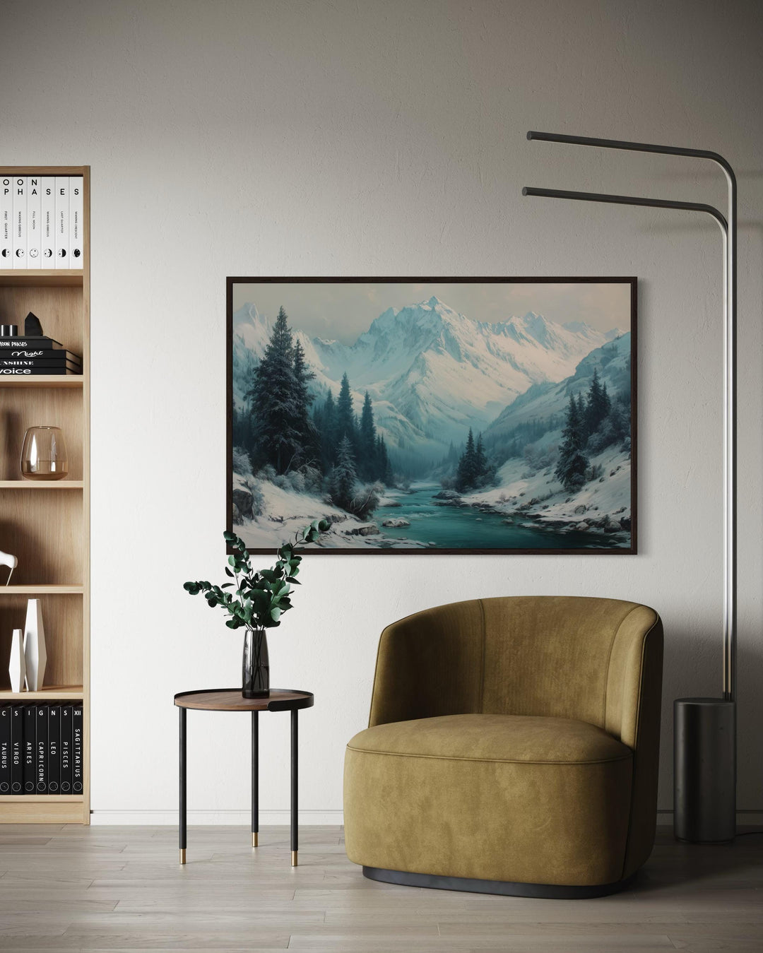 Snowy Mountain River In Winter Canvas Wall Art