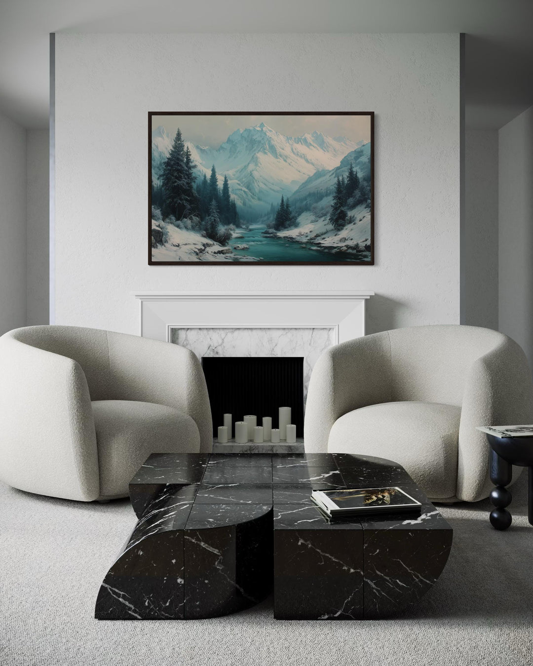 Snowy Mountain River In Winter Canvas Wall Art