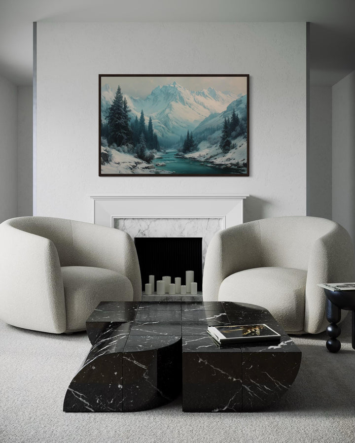 Snowy Mountain River In Winter Canvas Wall Art