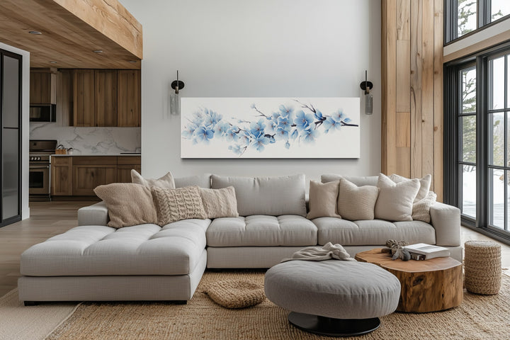 Soft Blue Blossom Flowers Long Horizontal Above Bed Wall Art