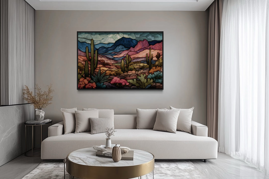 Sonoran Desert With Saguaro Cactus In Stained Glass Style Mexican Framed Canvas Wall Art