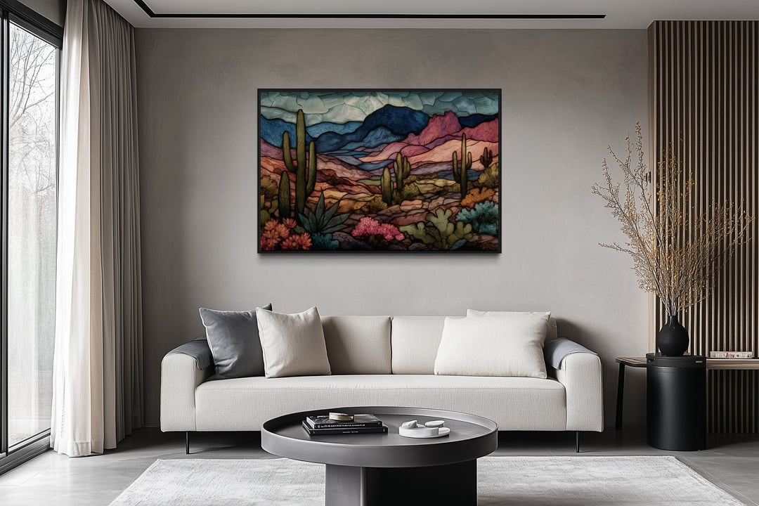 Sonoran Desert With Saguaro Cactus In Stained Glass Style Mexican Framed Canvas Wall Art