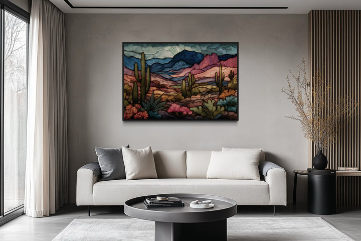 Sonoran Desert With Saguaro Cactus In Stained Glass Style Mexican Framed Canvas Wall Art