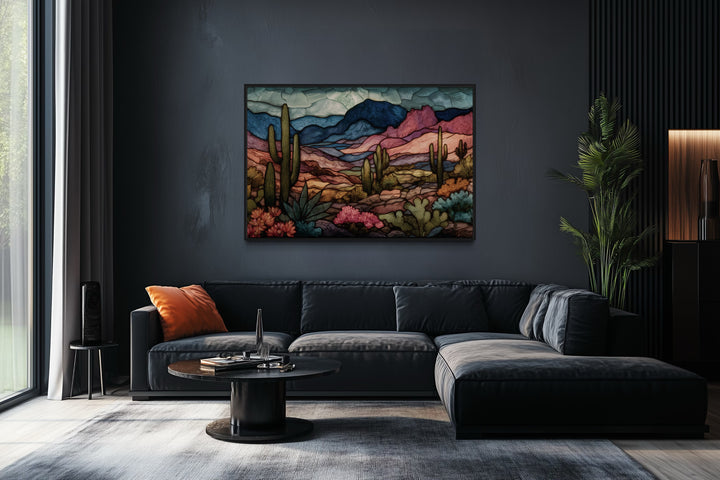 Sonoran Desert With Saguaro Cactus In Stained Glass Style Mexican Framed Canvas Wall Art