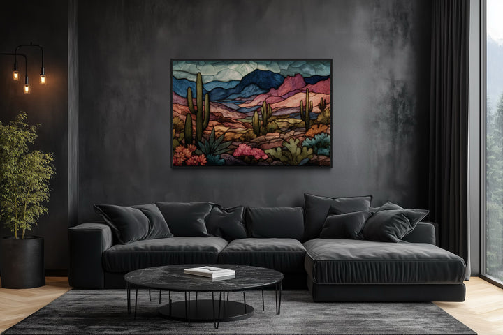Sonoran Desert With Saguaro Cactus In Stained Glass Style Mexican Framed Canvas Wall Art