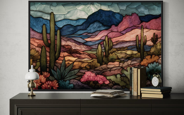 Sonoran Desert With Saguaro Cactus In Stained Glass Style Mexican Framed Canvas Wall Art