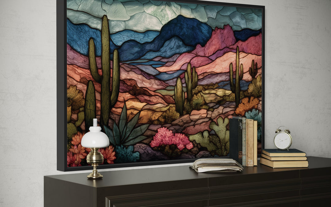 Sonoran Desert With Saguaro Cactus In Stained Glass Style Mexican Framed Canvas Wall Art