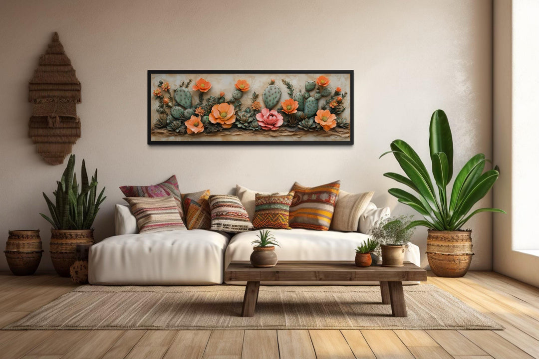 Southwest Cactus With Orange Blooms Desert Floral Landscape Long Narrow Wall Art
