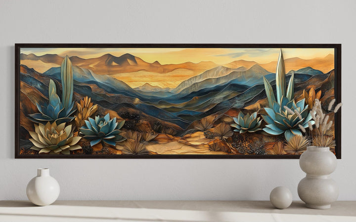 Southwestern Agave Desert Landscape Layered Wood Style Canvas Wall Art