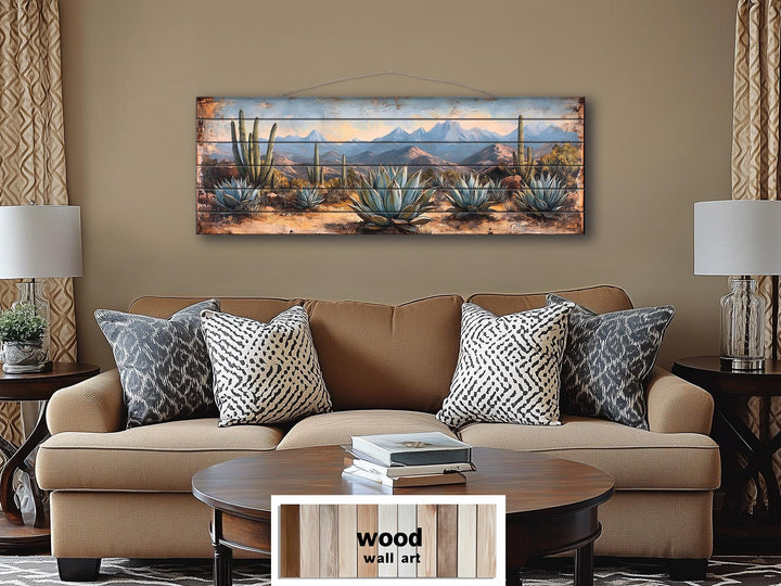 Southwestern Desert Agave Plants Long Horizontal Distressed Wood Wall Art