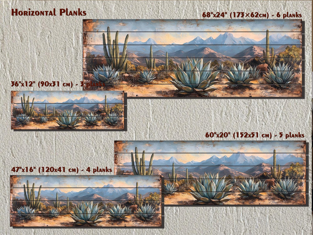 Southwestern Desert Agave Plants Long Horizontal Distressed Wood Wall Art