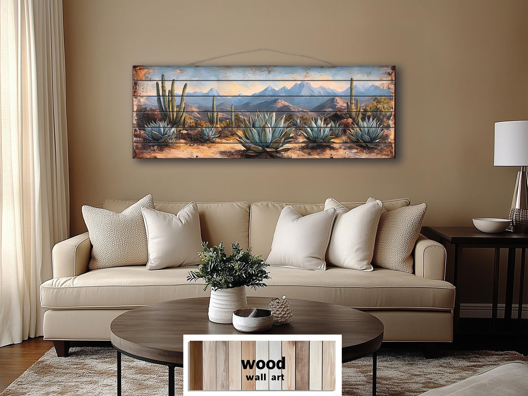 Southwestern Desert Agave Plants Long Horizontal Distressed Wood Wall Art