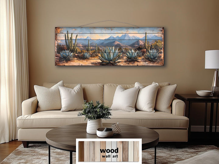 Southwestern Desert Agave Plants Long Horizontal Distressed Wood Wall Art