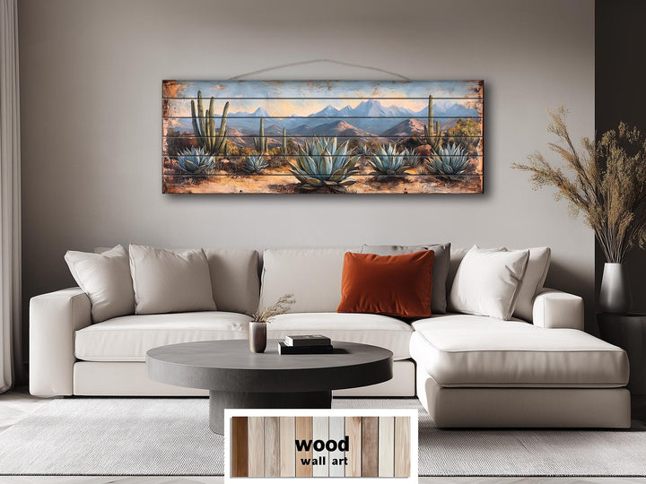 Southwestern Desert Agave Plants Long Horizontal Distressed Wood Wall Art