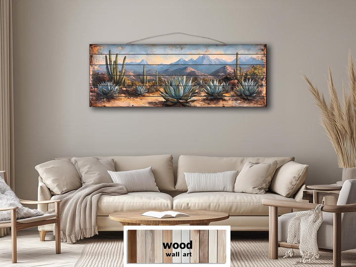 Southwestern Desert Agave Plants Long Horizontal Distressed Wood Wall Art