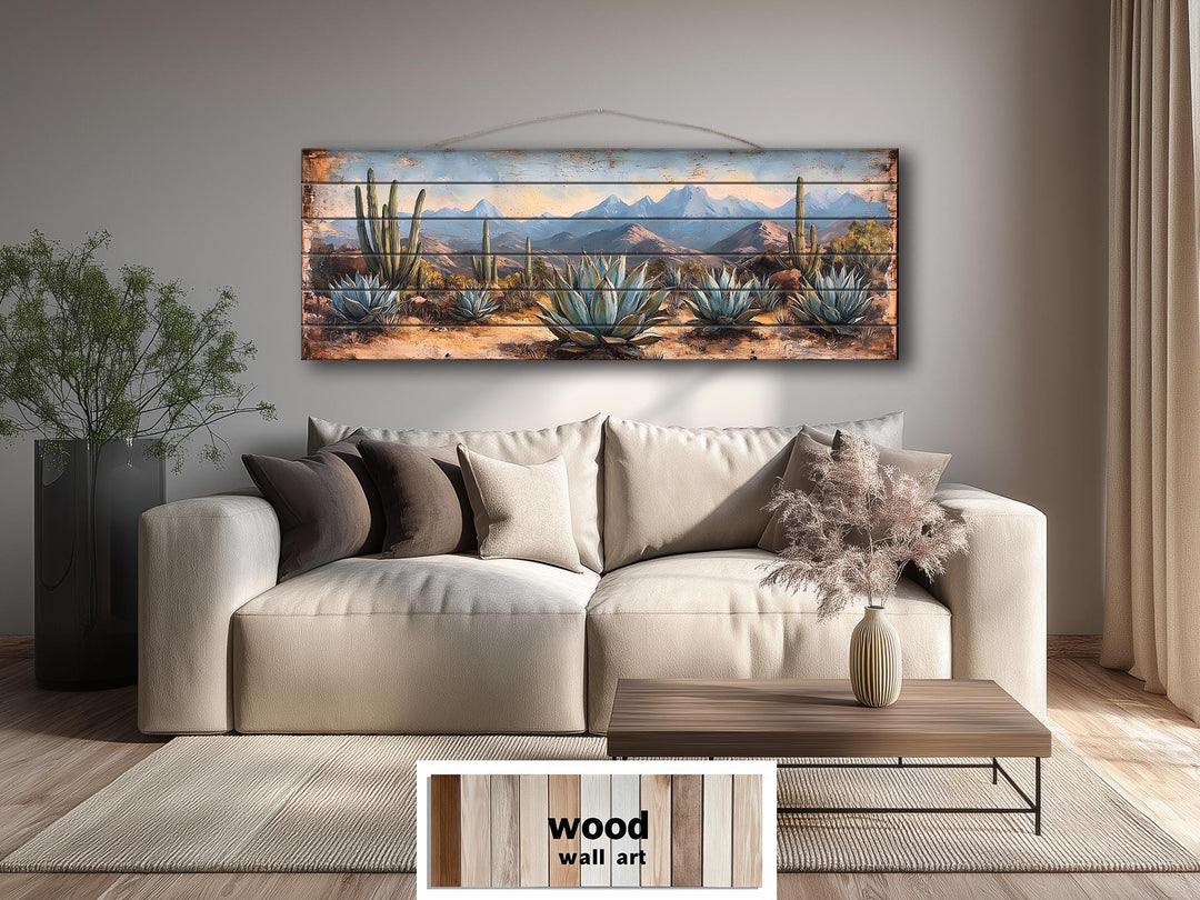 Southwestern Desert Agave Plants Long Horizontal Distressed Wood Wall Art