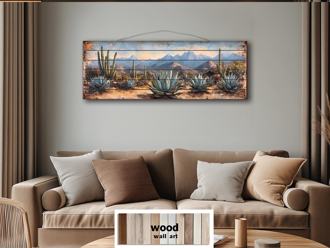 Southwestern Desert Agave Plants Long Horizontal Distressed Wood Wall Art