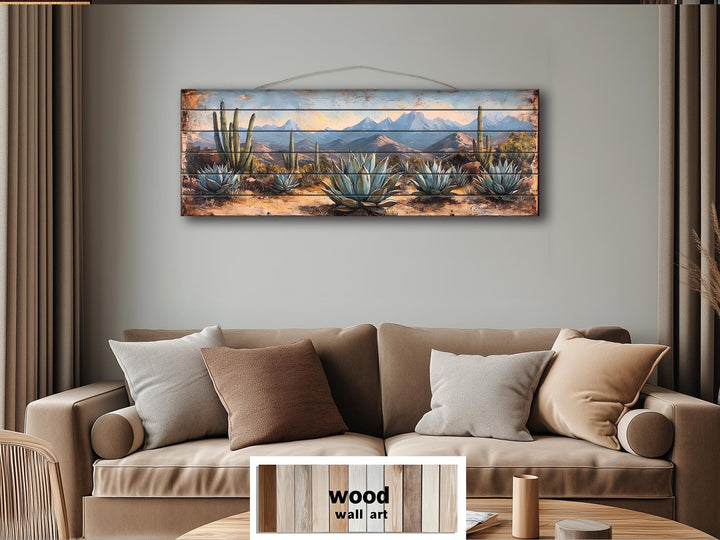 Southwestern Desert Agave Plants Long Horizontal Distressed Wood Wall Art