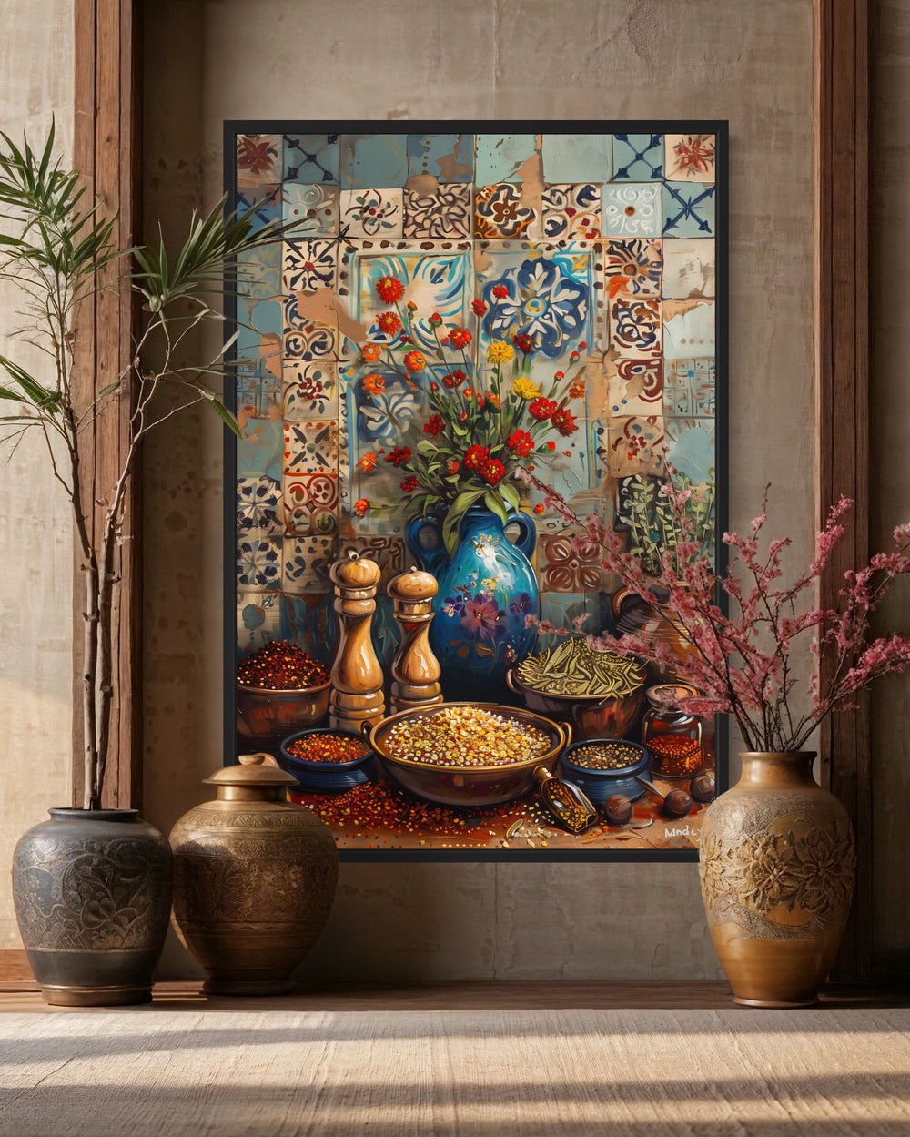 Spices And Herbs Indian Kitchen Framed Canvas Wall Art
