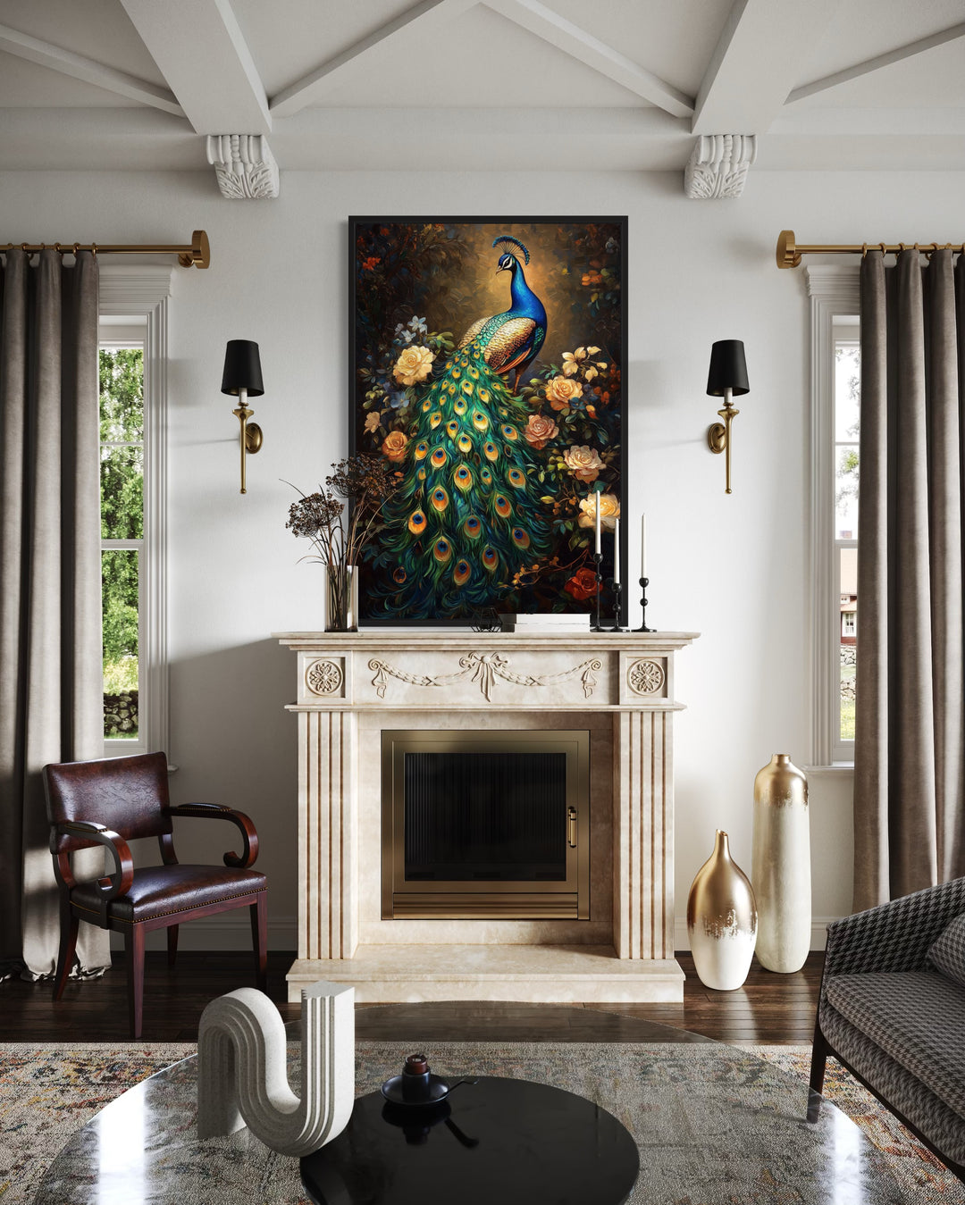 Stained Glass Style Peacock Framed Canvas Wall Art