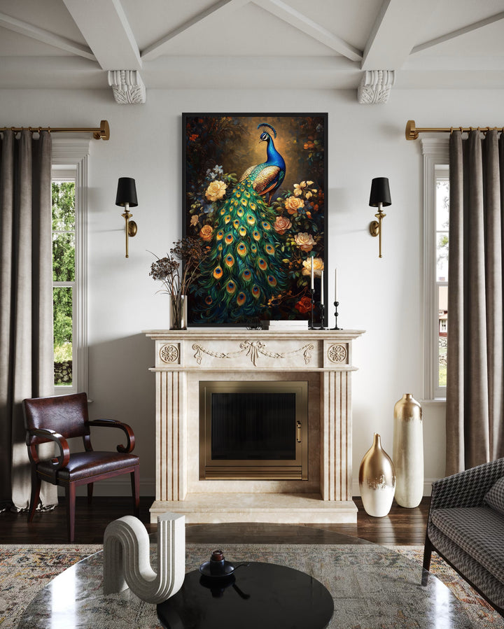 Stained Glass Style Peacock Framed Canvas Wall Art