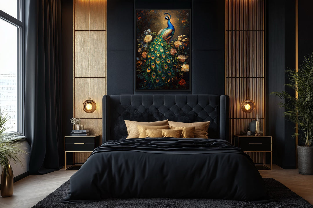 Stained Glass Style Peacock Framed Canvas Wall Art