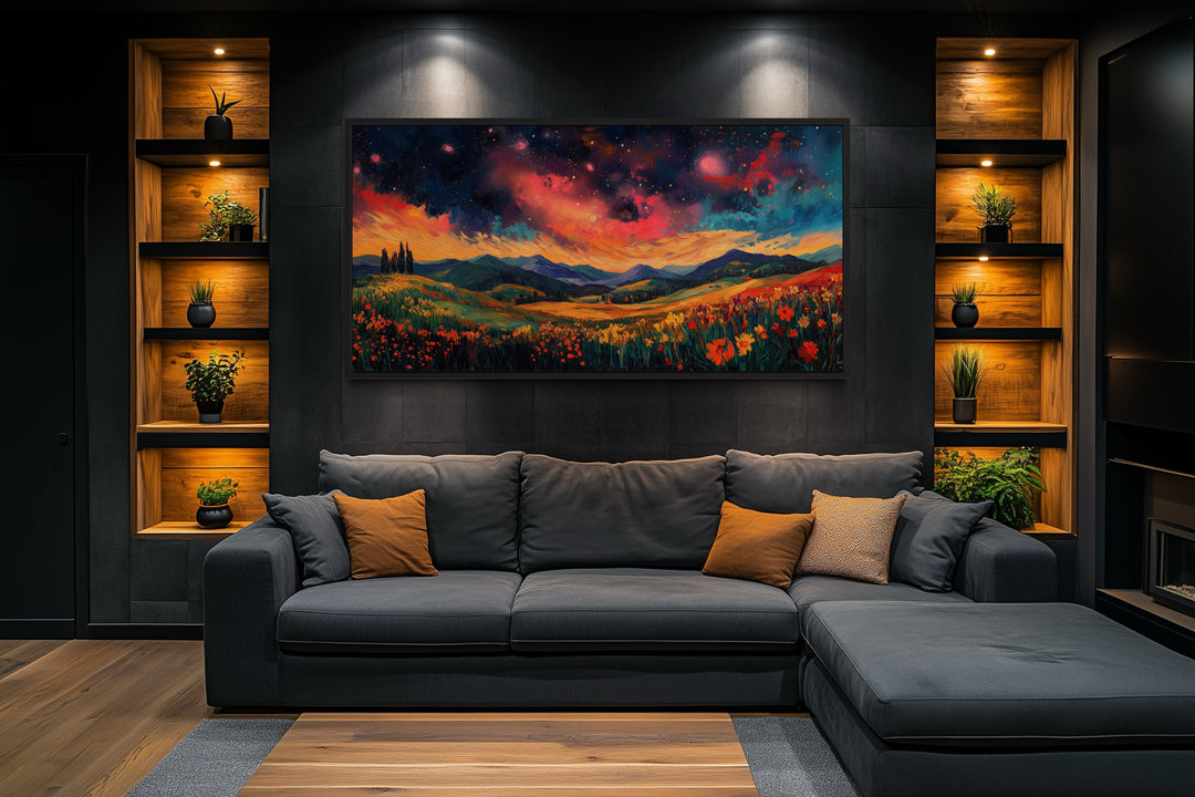 Starry Night Sky Over Wildflower Fields and Mountains Framed Canvas Wall Art