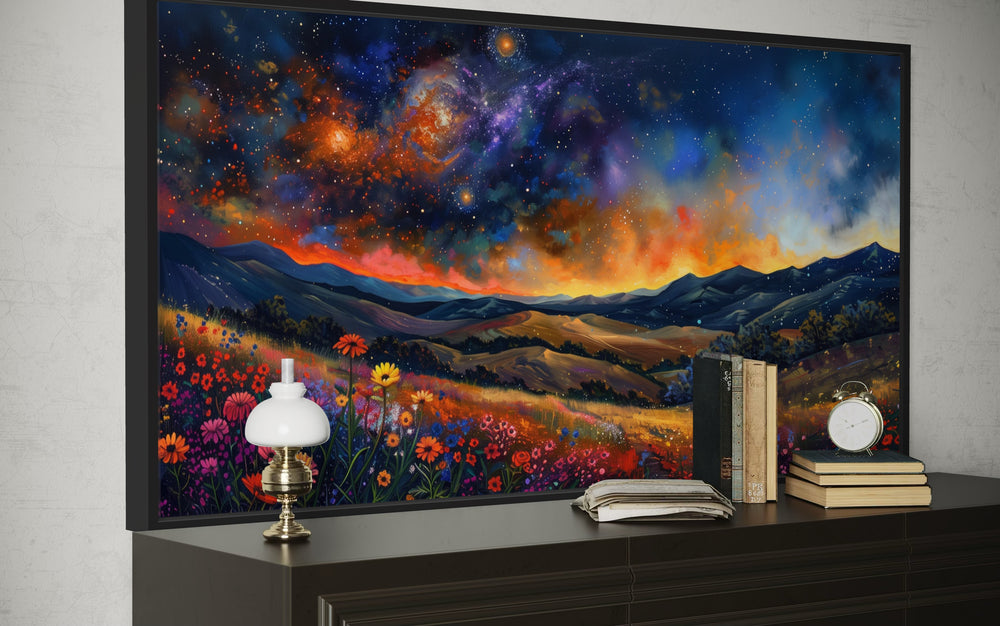 Starry Night Sky Over Wildflower Meadow Framed Canvas Wall Art