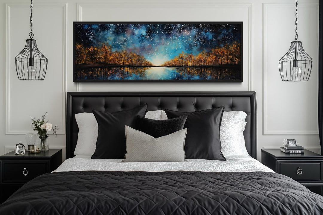 Starry Sky Over Autumn Forest And Lake Painting Framed Canvas Wall Art
