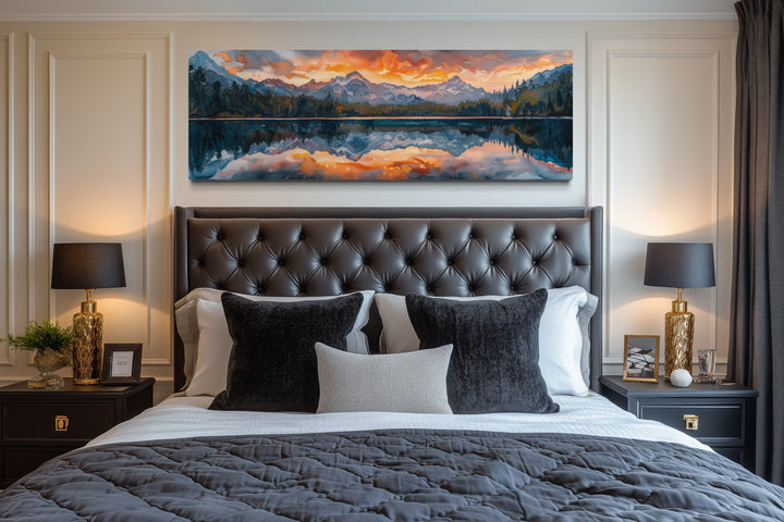 Sunset Over Mountain Lake Landscape Panoramic Framed Canvas Wall Art