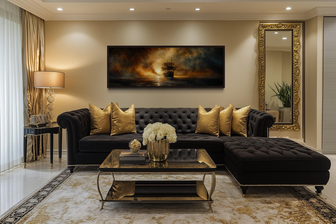 Sunset Sailing Ship Long Horizontal Gold Black Canvas Wall Art