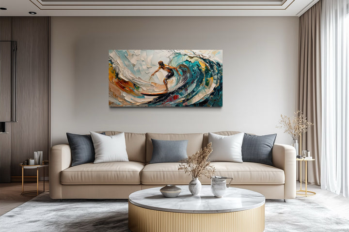 Surfer Riding Big Wave Surfing Framed Canvas Wall Art
