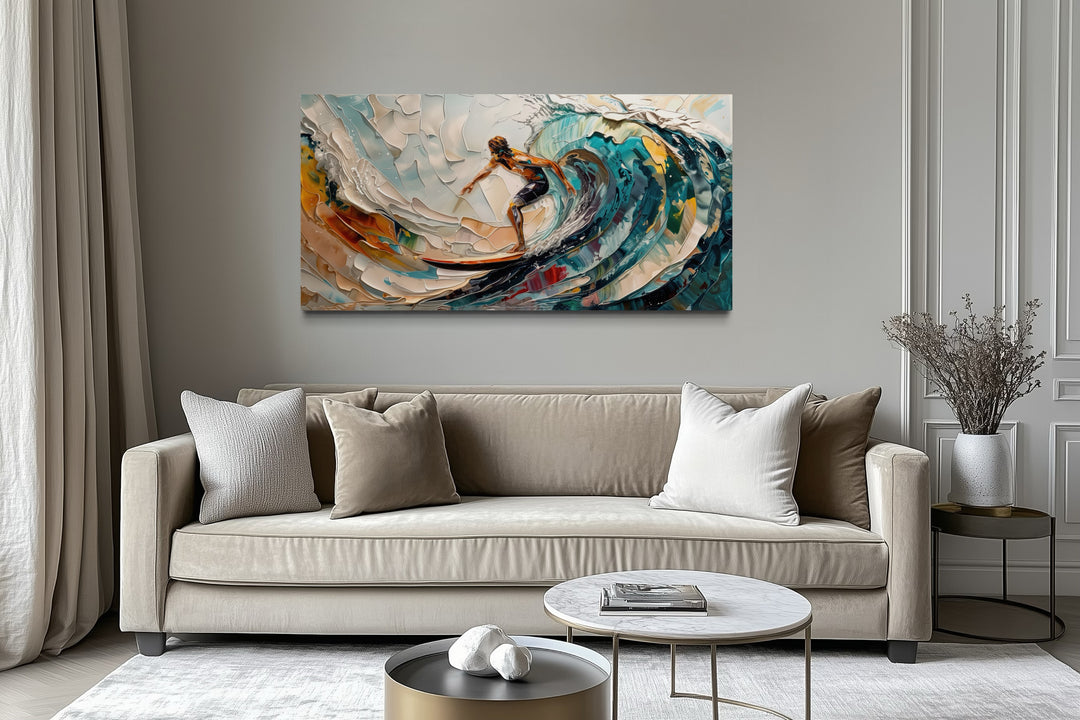 Surfer Riding Big Wave Surfing Framed Canvas Wall Art